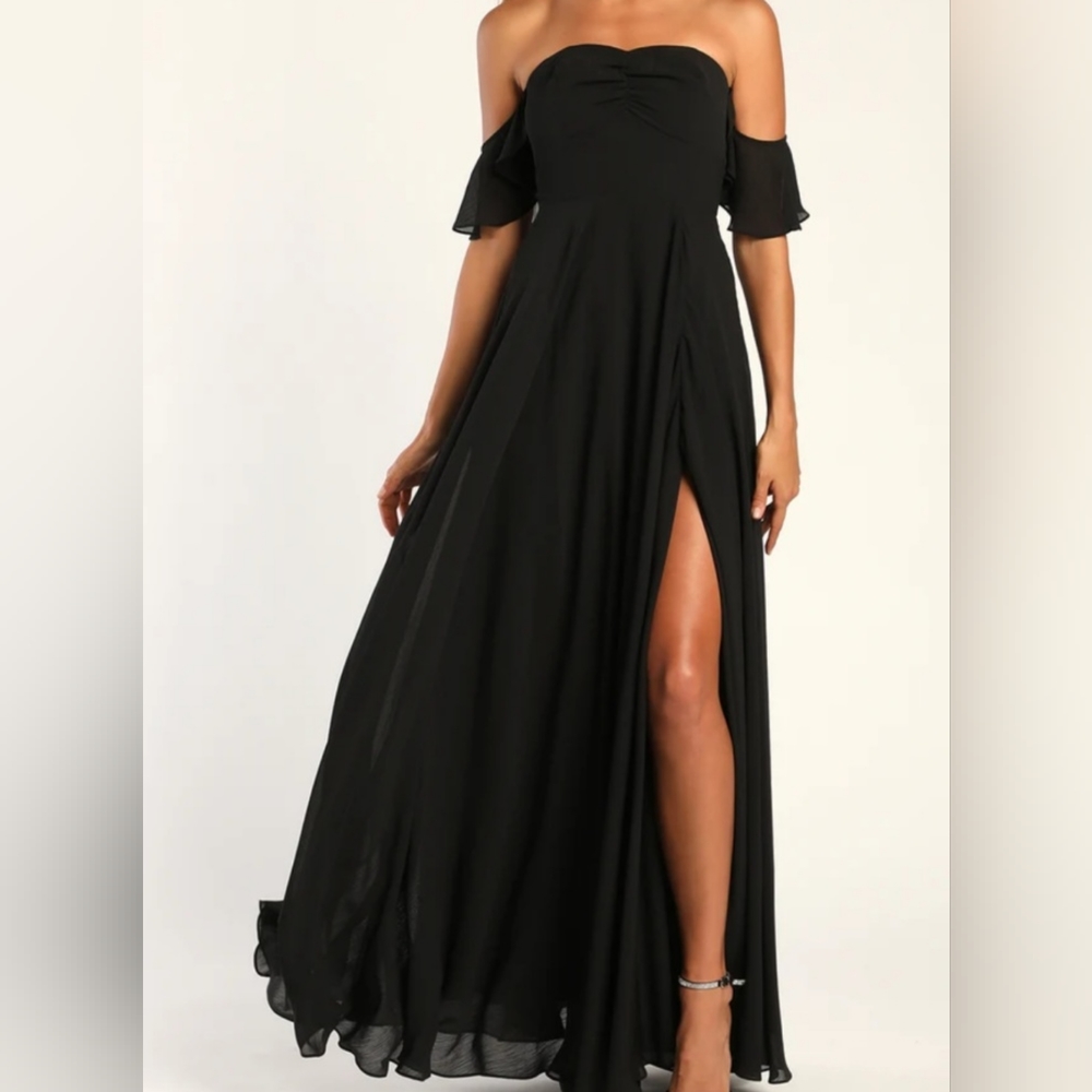 Lulu's "All the Elegance" Black Ruffled Off-the-Shoulder Maxi Dress Size Medium